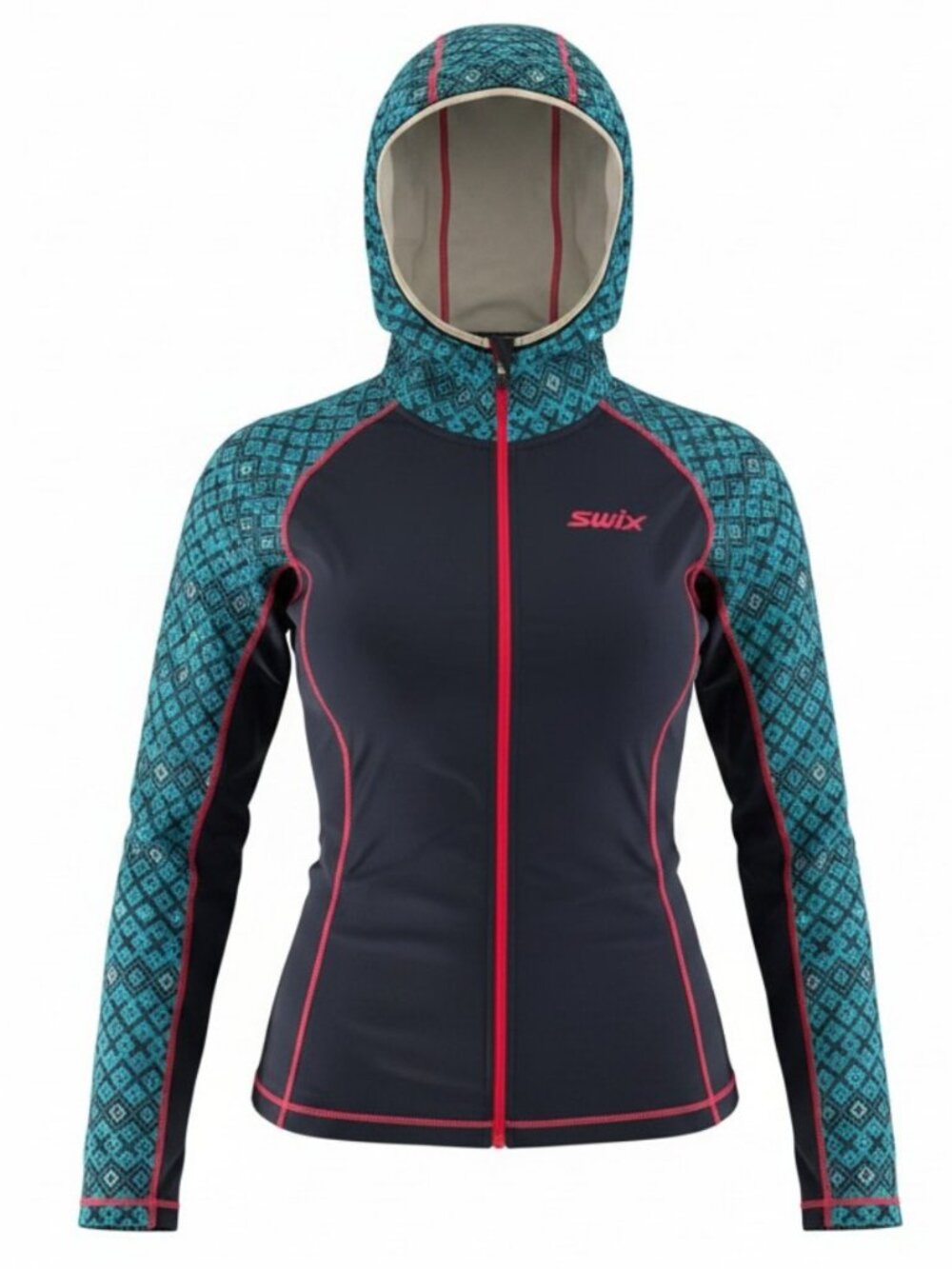 SWIX Navy Turquoise Myrene Full Zip Hooded Ski Midlayer Jacket size XS
